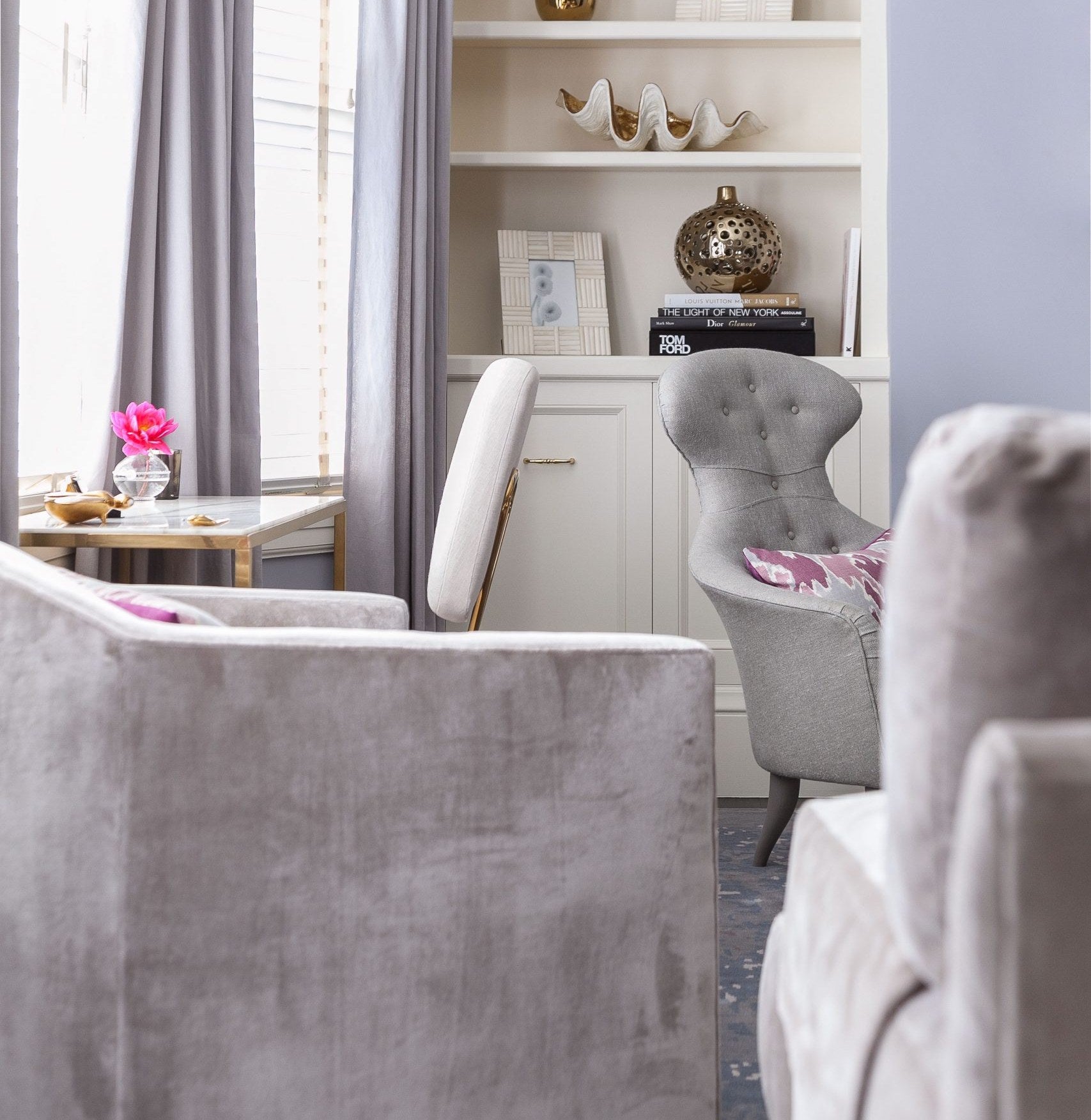 Lilac walls with matching drapery
