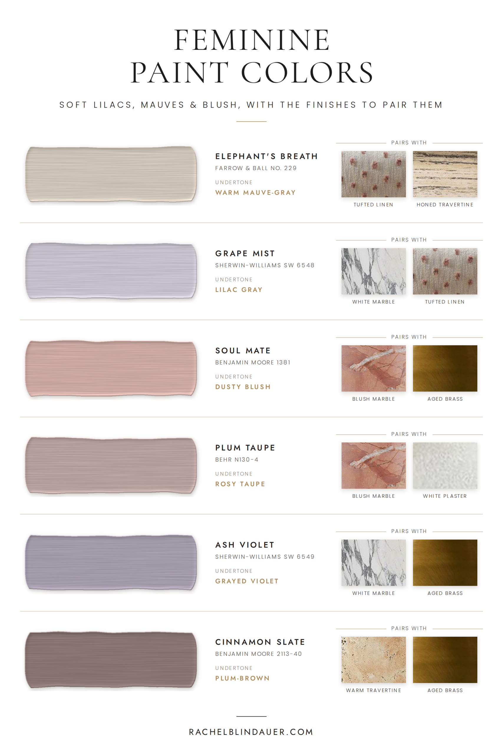 Feminine paint colors by interior designer Rachel Blindauer: Elephant’s Breath, Grape Mist SW 6548, Soul Mate, Plum Taupe by Behr, Ash Violet SW 6549 and Cinnamon Slate, paired with blush marble, tufted linen and aged brass