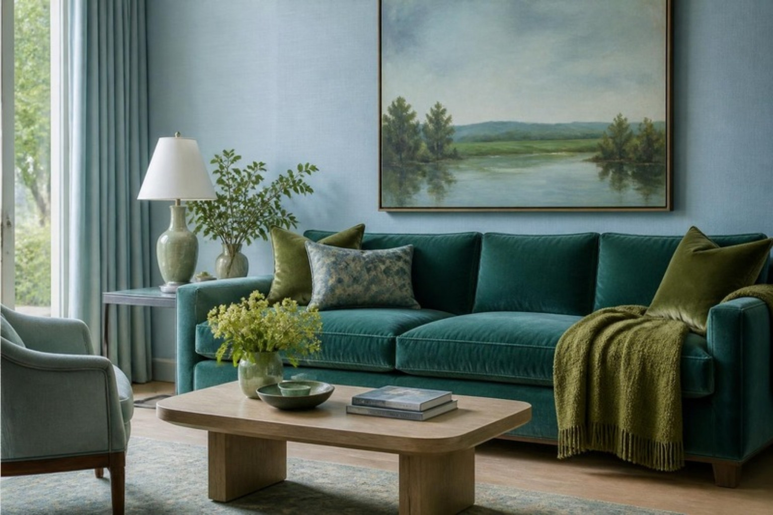 Living room in an analogous scheme of sky blue, teal and olive green Living room in an analogous scheme of sky blue, teal and olive green