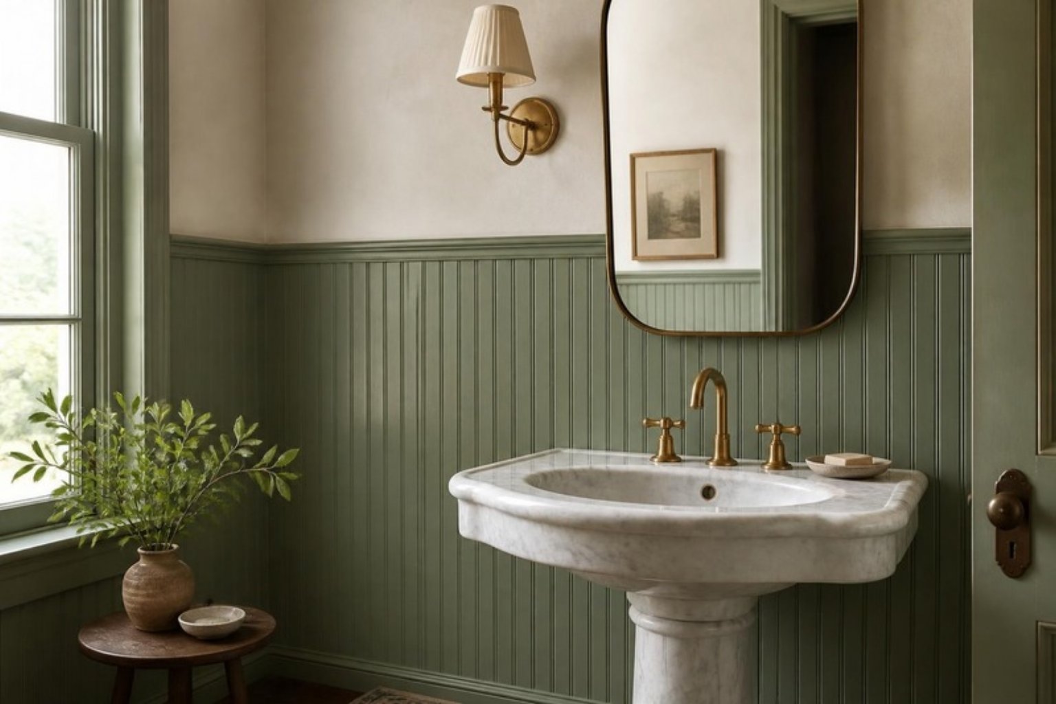 Beadboard wall paneling in an elegant powder room