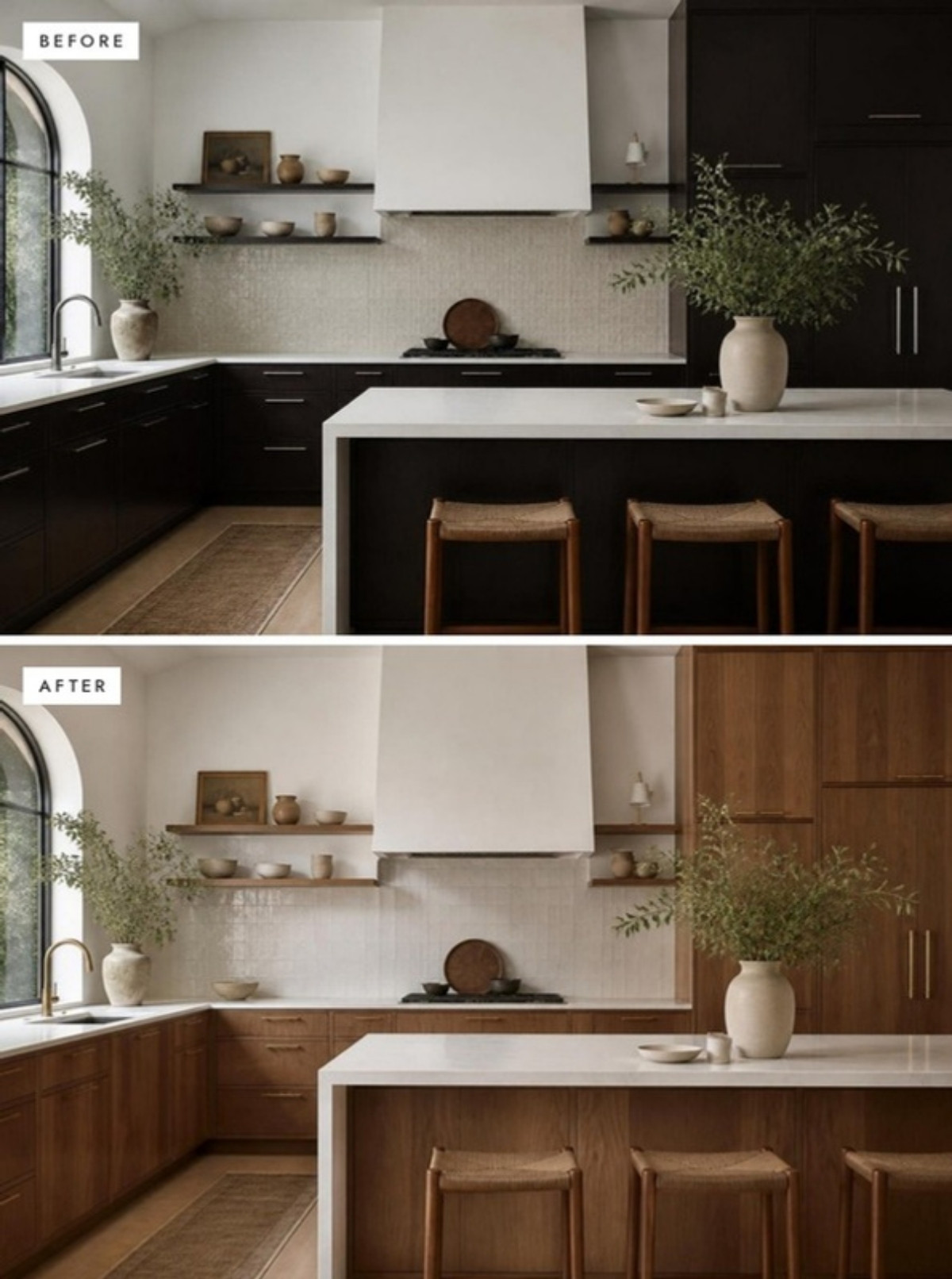 Before and after: espresso-stained kitchen cabinets updated to natural walnut with brass pulls