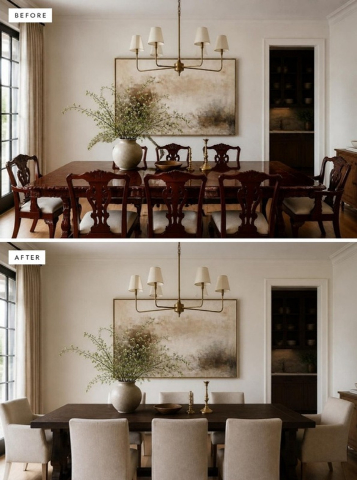 Before and after: high-gloss red mahogany dining set updated to a matte dark wood table with linen chairs