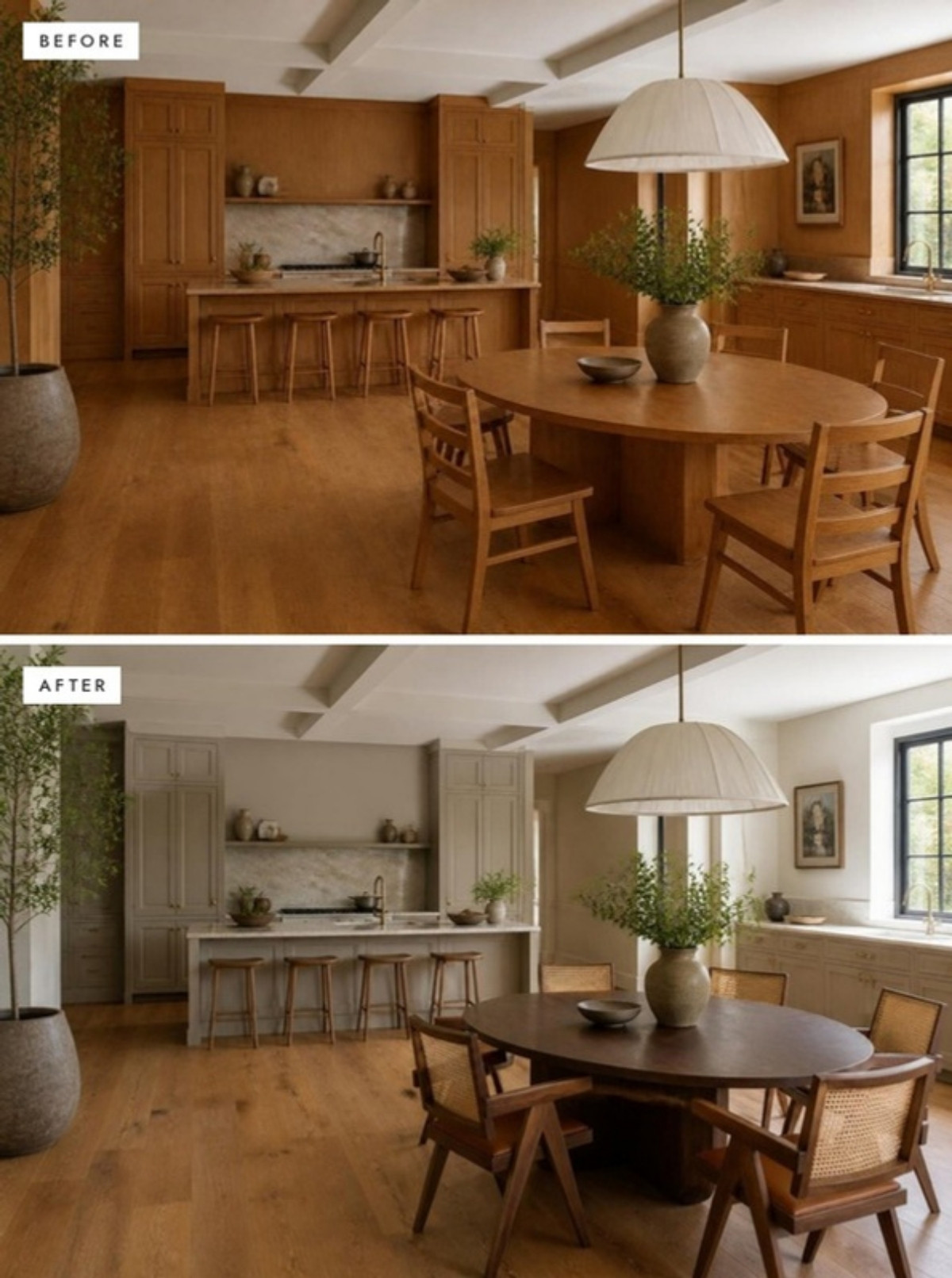 Before and after: matching honey-oak floors, cabinets and dining set updated with painted kitchen cabinetry, a walnut table and cane chairs