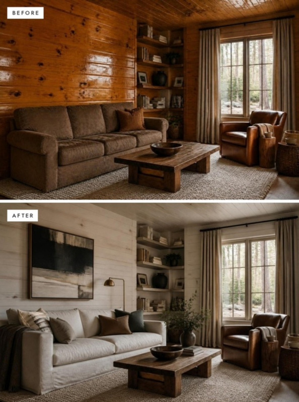 Before and after: glossy orange knotty pine paneling updated with a soft white limewash