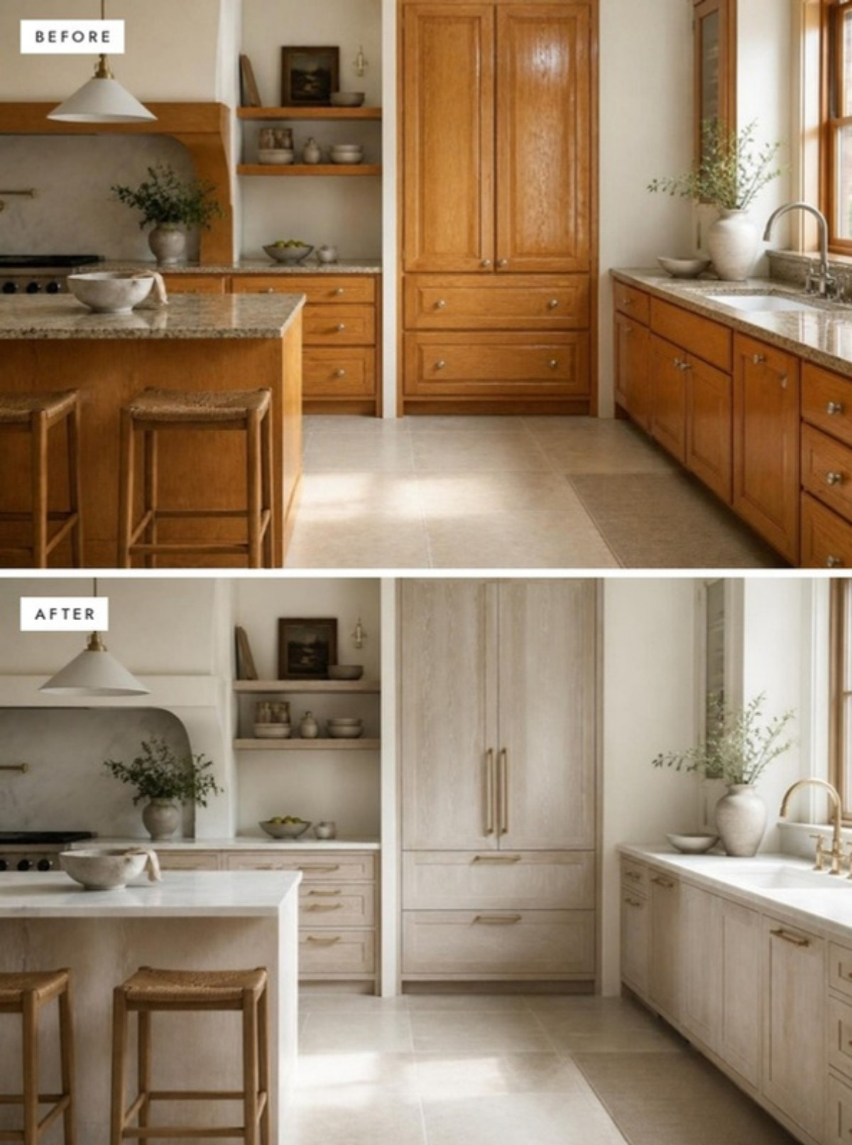 Before and after: orange-toned oak kitchen cabinets updated to limed oak with brass pulls