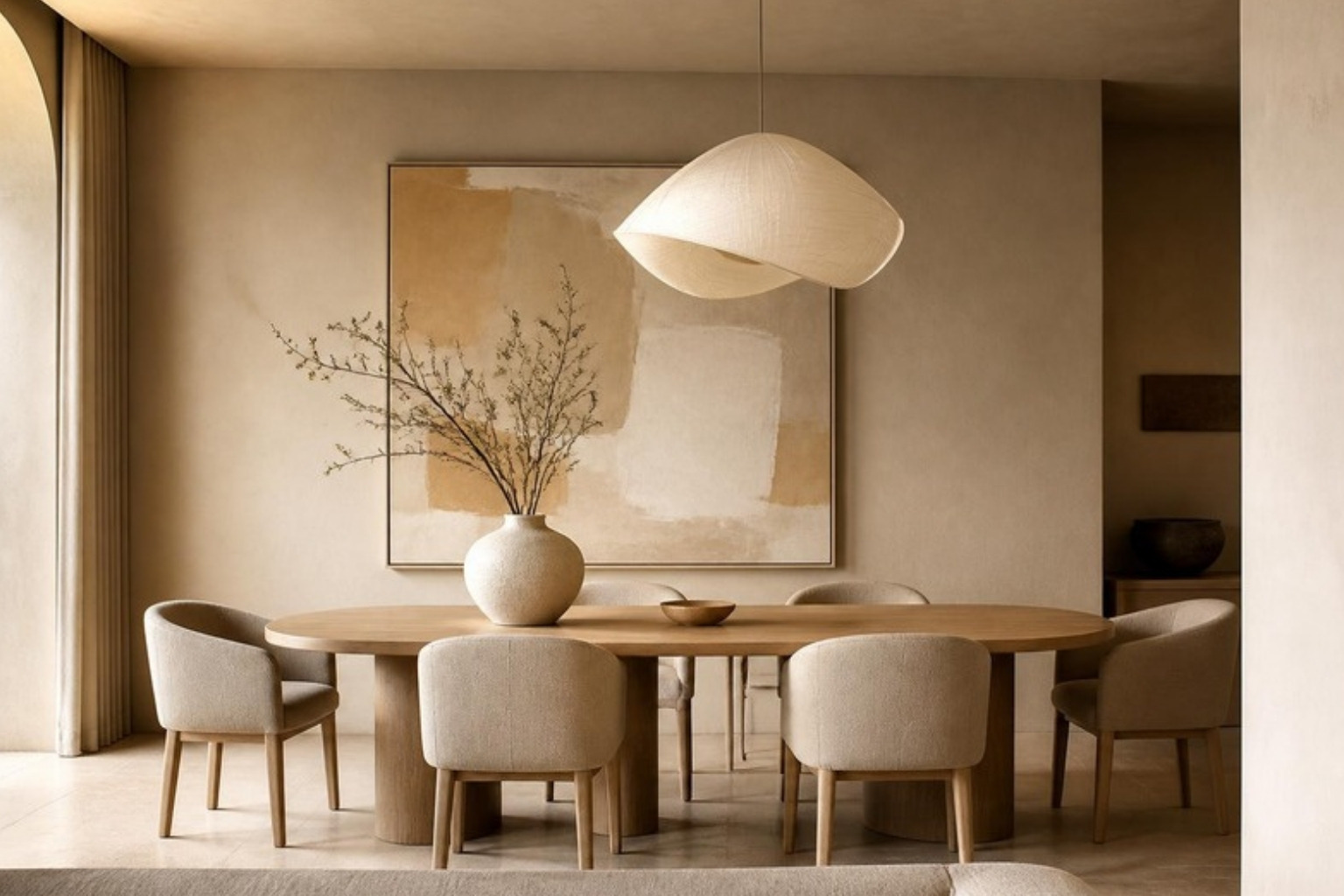 Beige dining room with oval wood table, upholstered chairs, sculptural pendant and abstract art