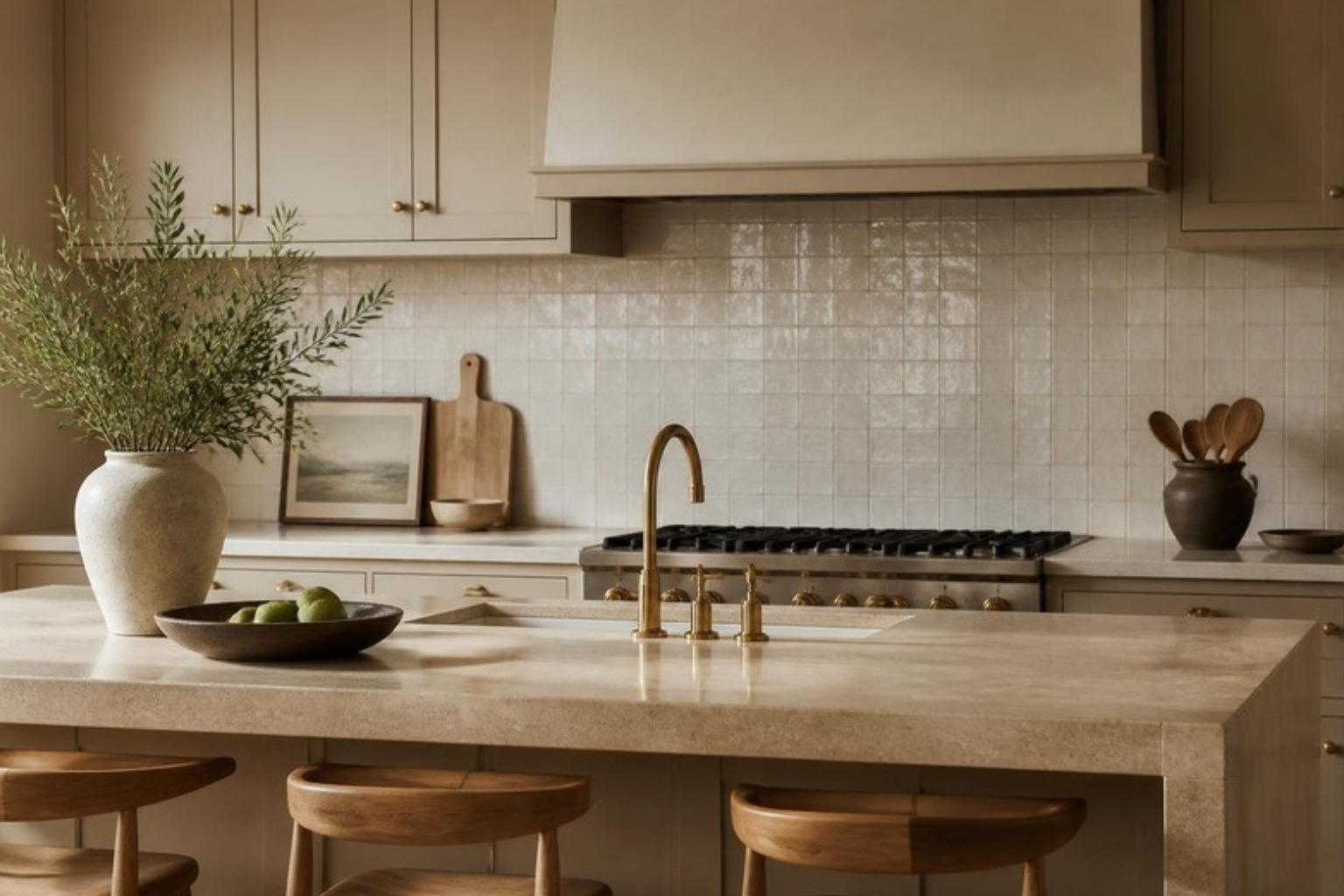 Beige kitchen with stone island, glazed zellige backsplash, brass faucet and wood counter stools