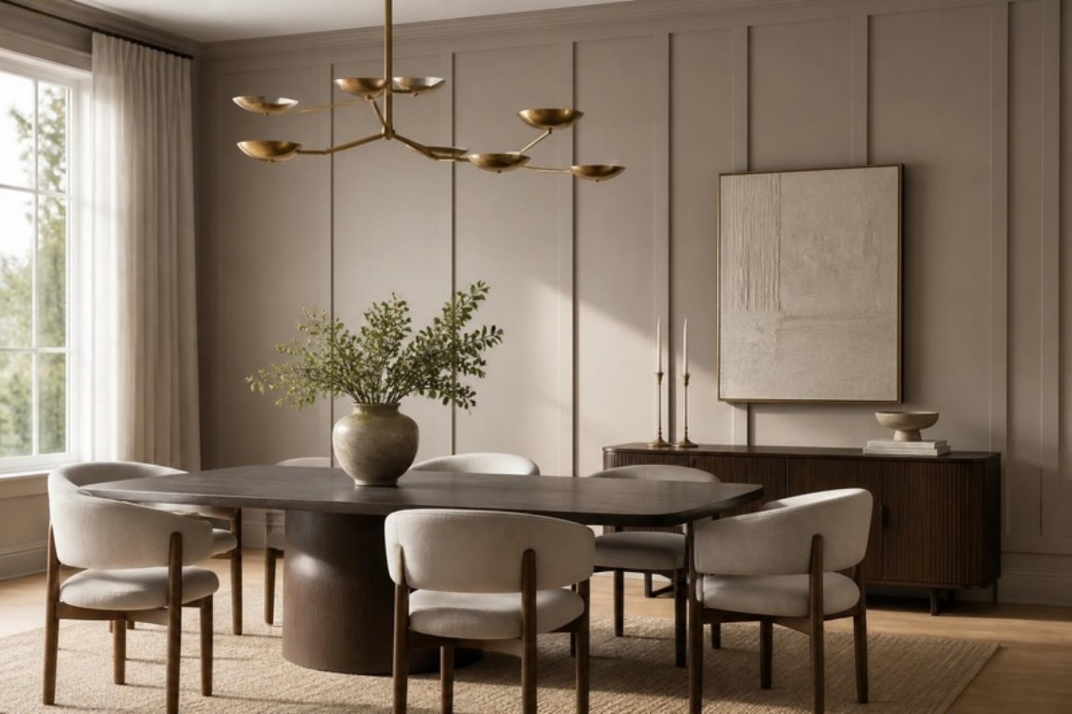 Board and batten wall paneling in a designer dining room