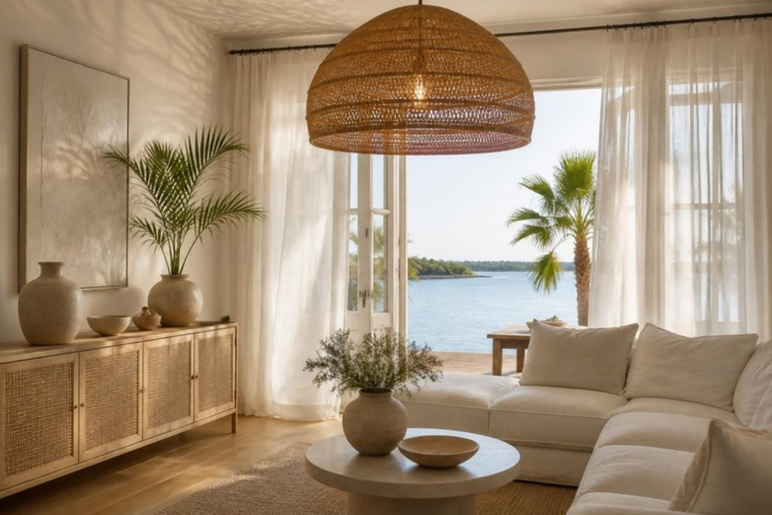 Gulf Coast living room with plaster walls, rattan console, woven pendant and linen curtains at open French doors