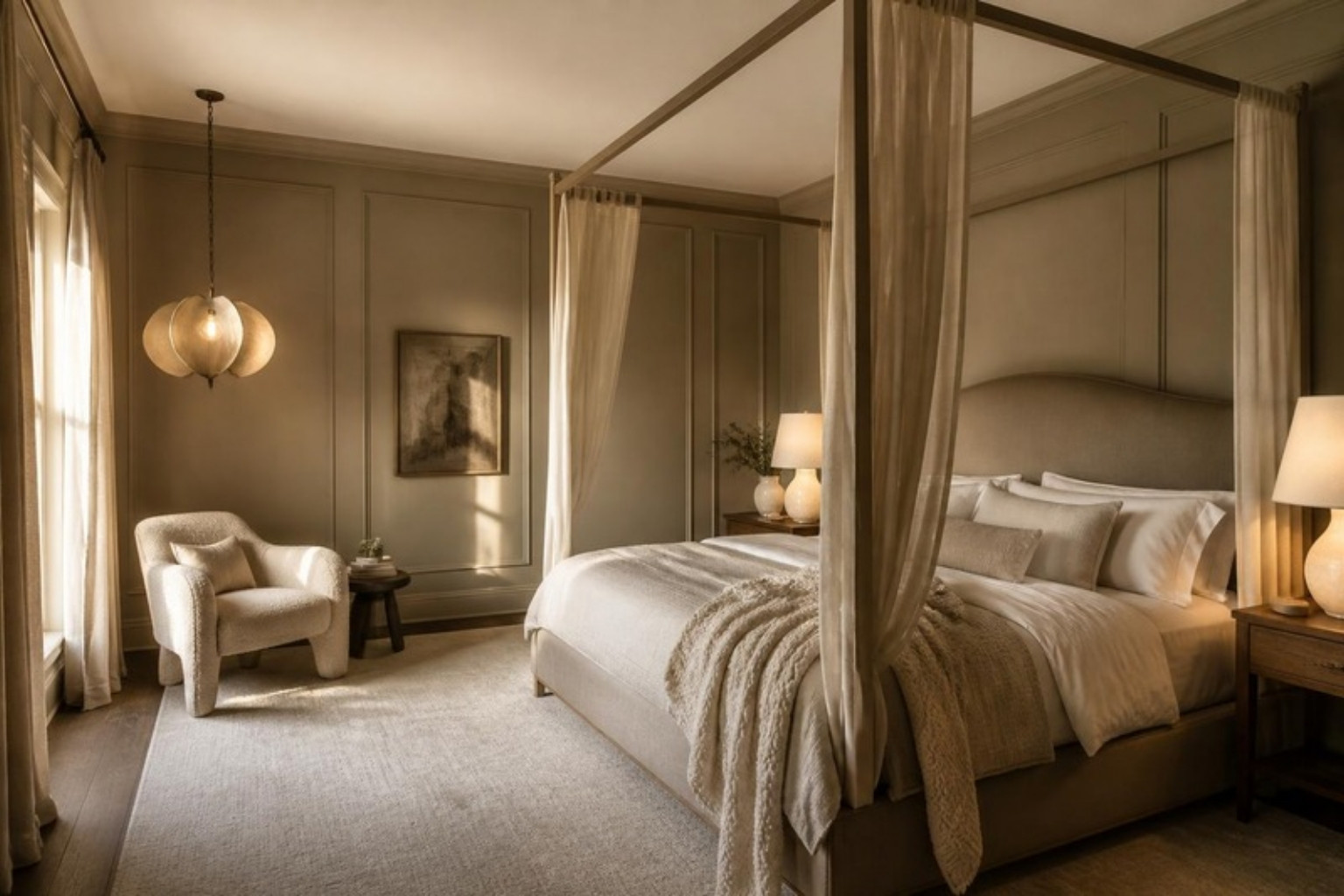 Cozy bedroom with a canopy bed, low-hung pendant over a reading chair and warm paneled walls Cozy bedroom with a canopy bed, low-hung pendant over a reading chair and warm paneled walls