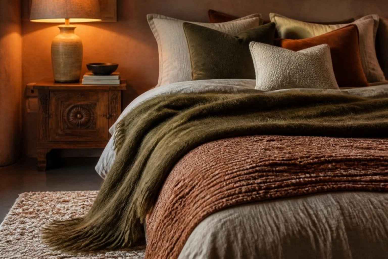 Bed layered with linen, a handwoven coverlet, a mohair throw and velvet and boucle pillows in olive and rust Bed layered with linen, a handwoven coverlet, a mohair throw and velvet and boucle pillows in olive and rust