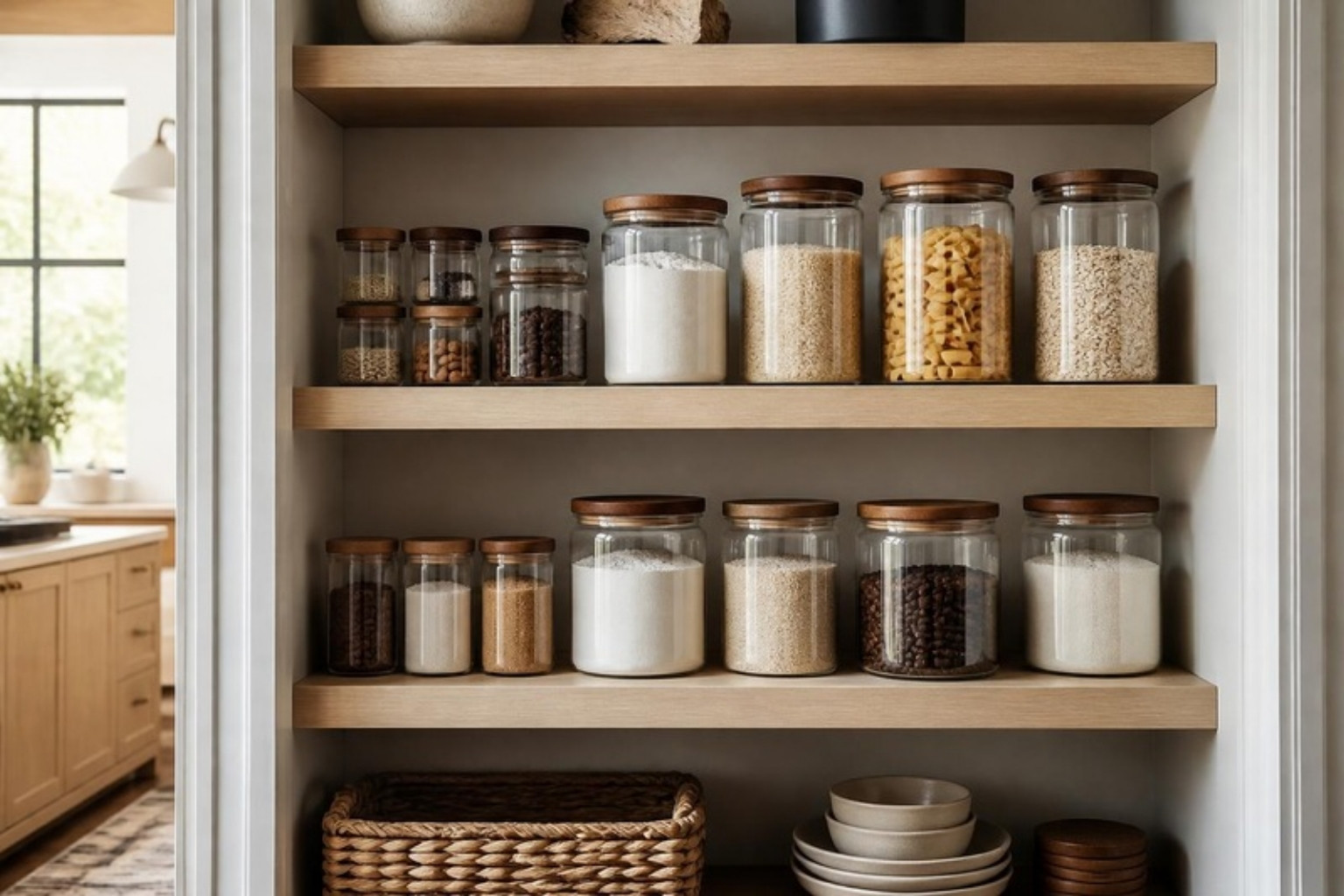 Pantry shelves with dry goods decanted into matching glass canisters with wood lids