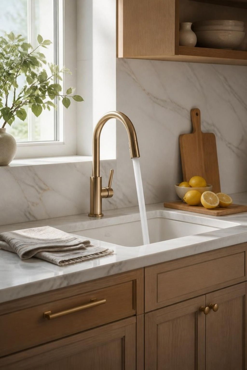 Delta Trinsic VoiceIQ faucet in champagne bronze on a marble countertop in a white oak kitchen