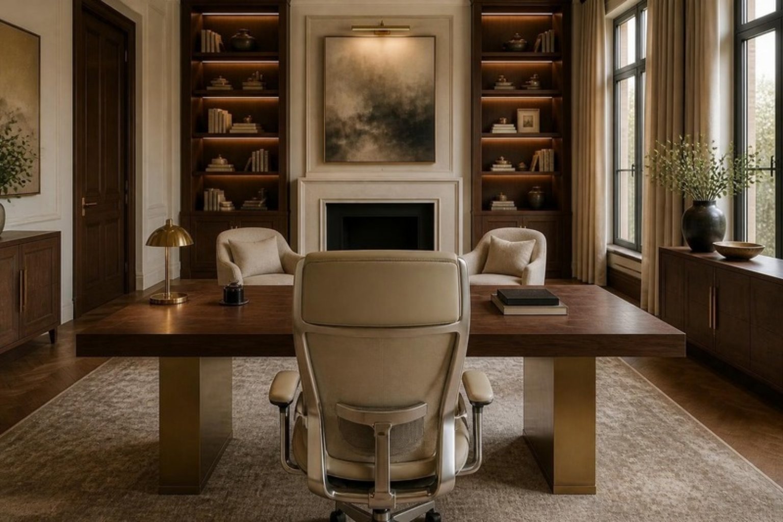 View from behind an ergonomic leather desk chair across a walnut and brass desk to two guest armchairs and a fireplace in an elegant home office View from behind an ergonomic leather desk chair across a walnut and brass desk to two guest armchairs and a fireplace in an elegant home office