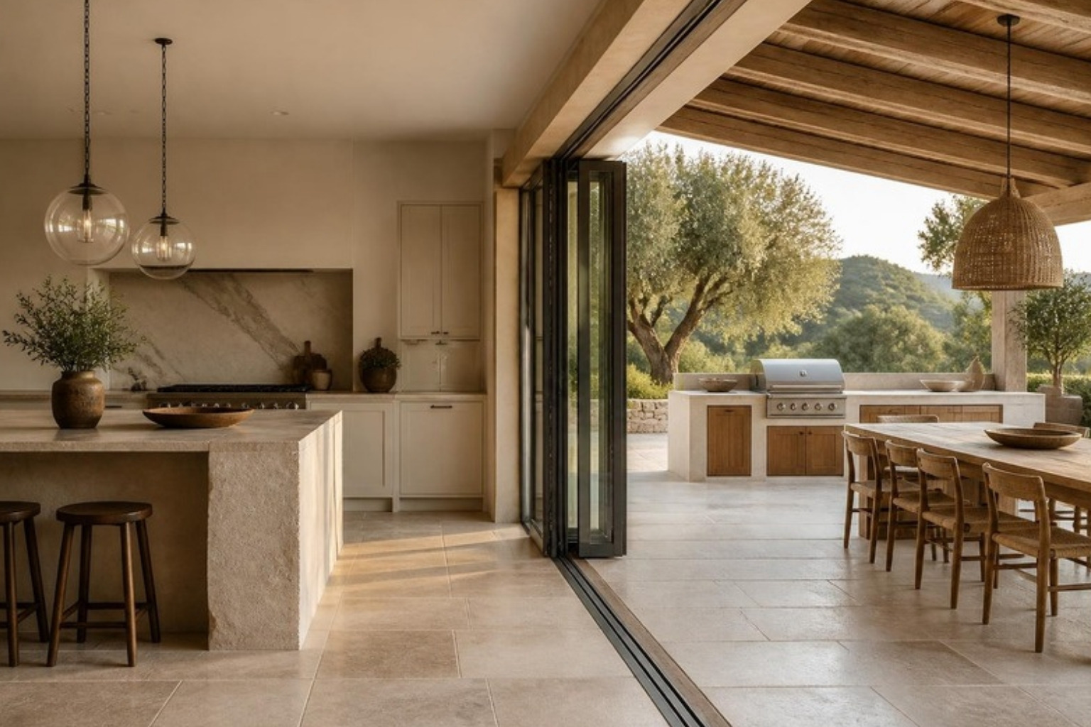 Indoor-outdoor kitchen with folding glass doors opening from a stone island to a covered terrace dining area