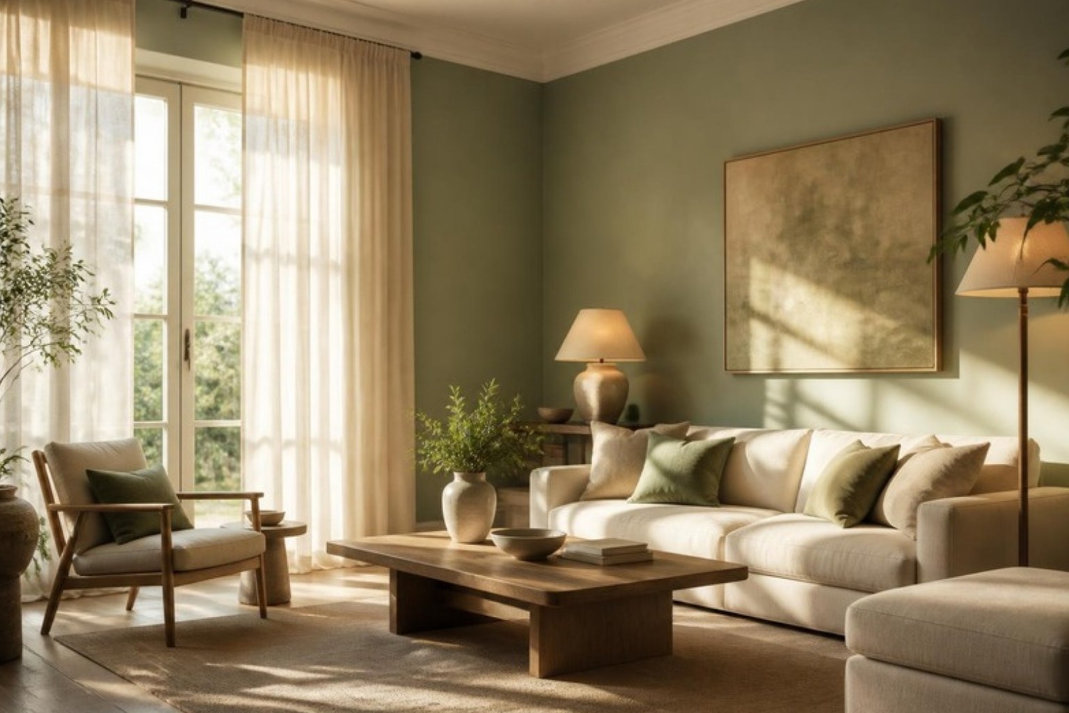 Sage green living room in warm daylight with layered lamp light and a cream sofa