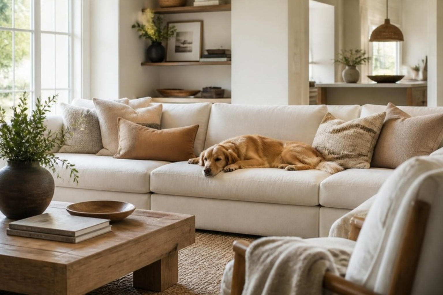 Ivory performance fabric sofa in a family living room with a dog resting on it