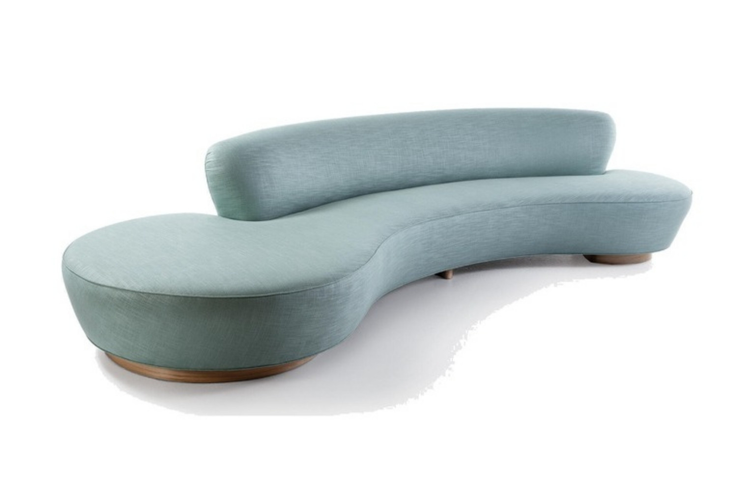 Vladimir Kagan Serpentine Sofa in pale aqua with walnut plinth base