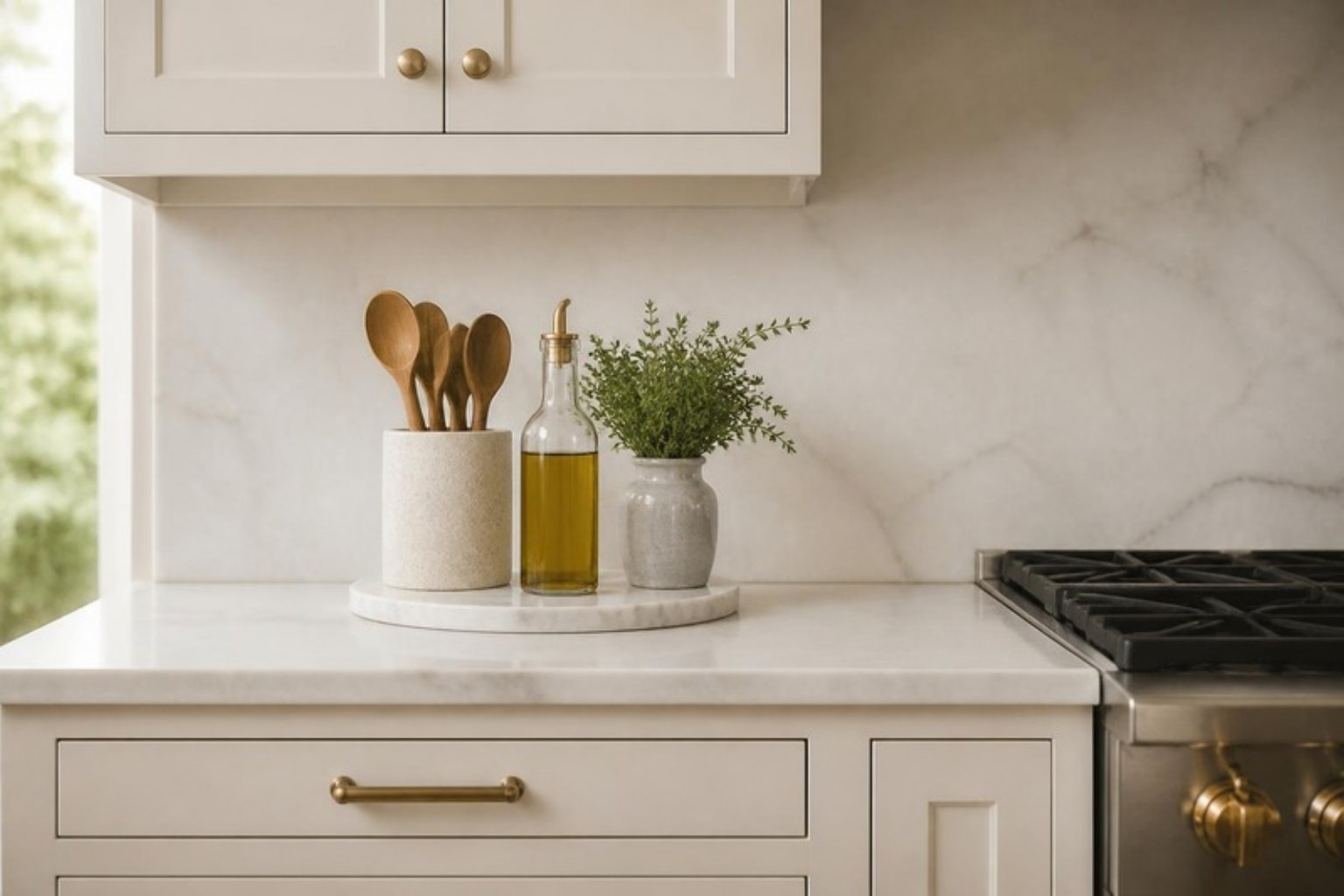 Kitchen counter styled with three items on a marble tray: a crock of wooden spoons, olive oil and fresh herbs