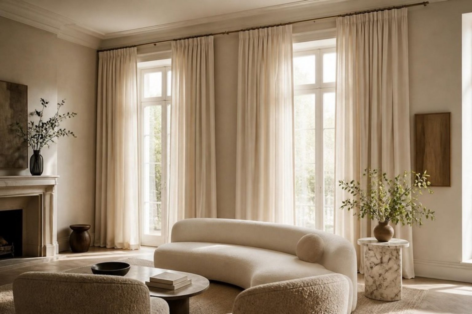 Ivory linen drapery panels on a brass rod framing tall living room windows