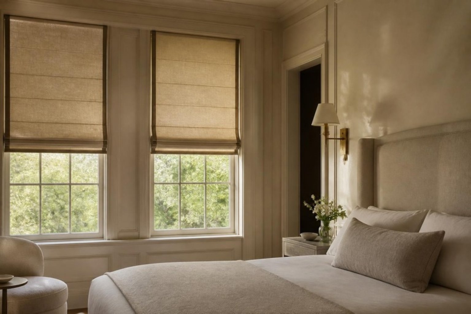 Tailored linen Roman shades in a serene bedroom