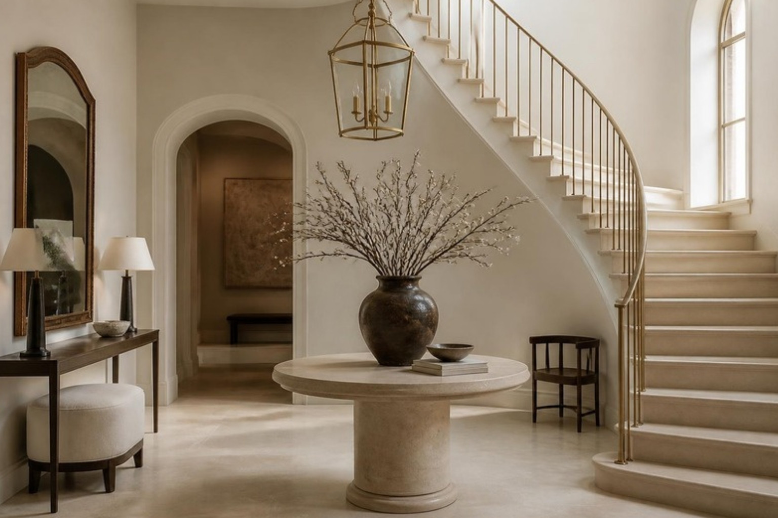 Luxury entryway with styled console table, mirror, and lantern lighting by Rachel Blindauer Interior Design