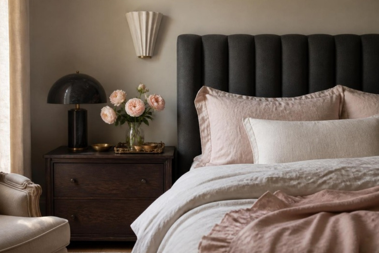 Bedroom pairing a charcoal channel-tufted headboard and dark oak nightstand with blush linen bedding and pink roses