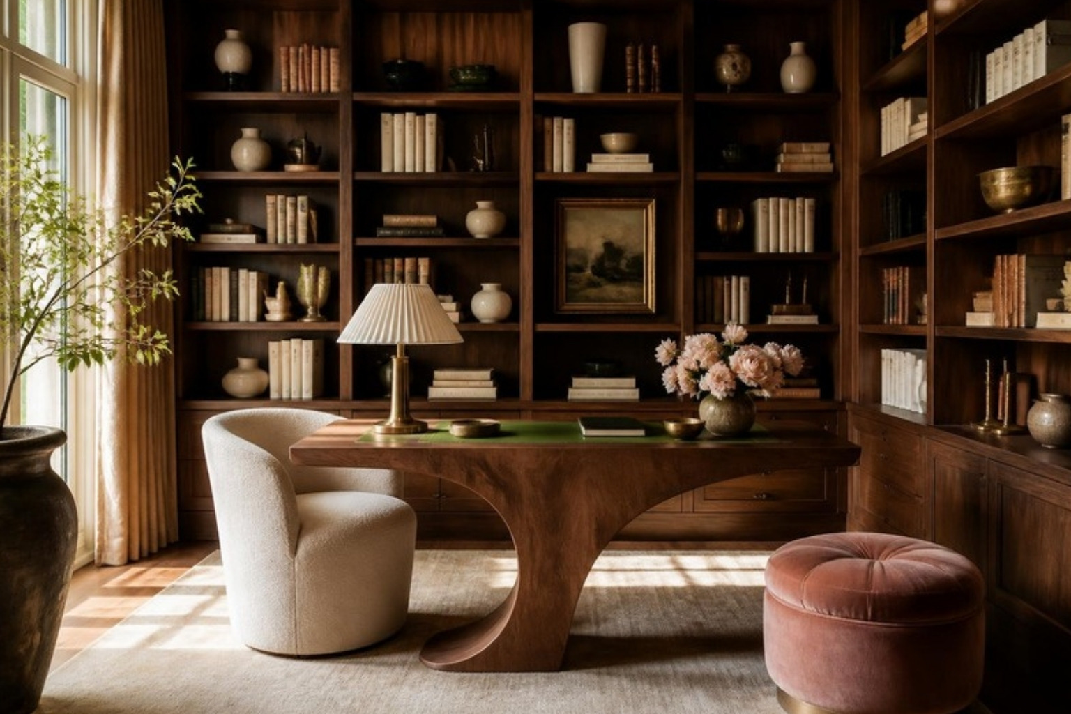 Home library with walnut built-in shelves, a sculptural desk, an ivory bouclé chair and a blush ottoman