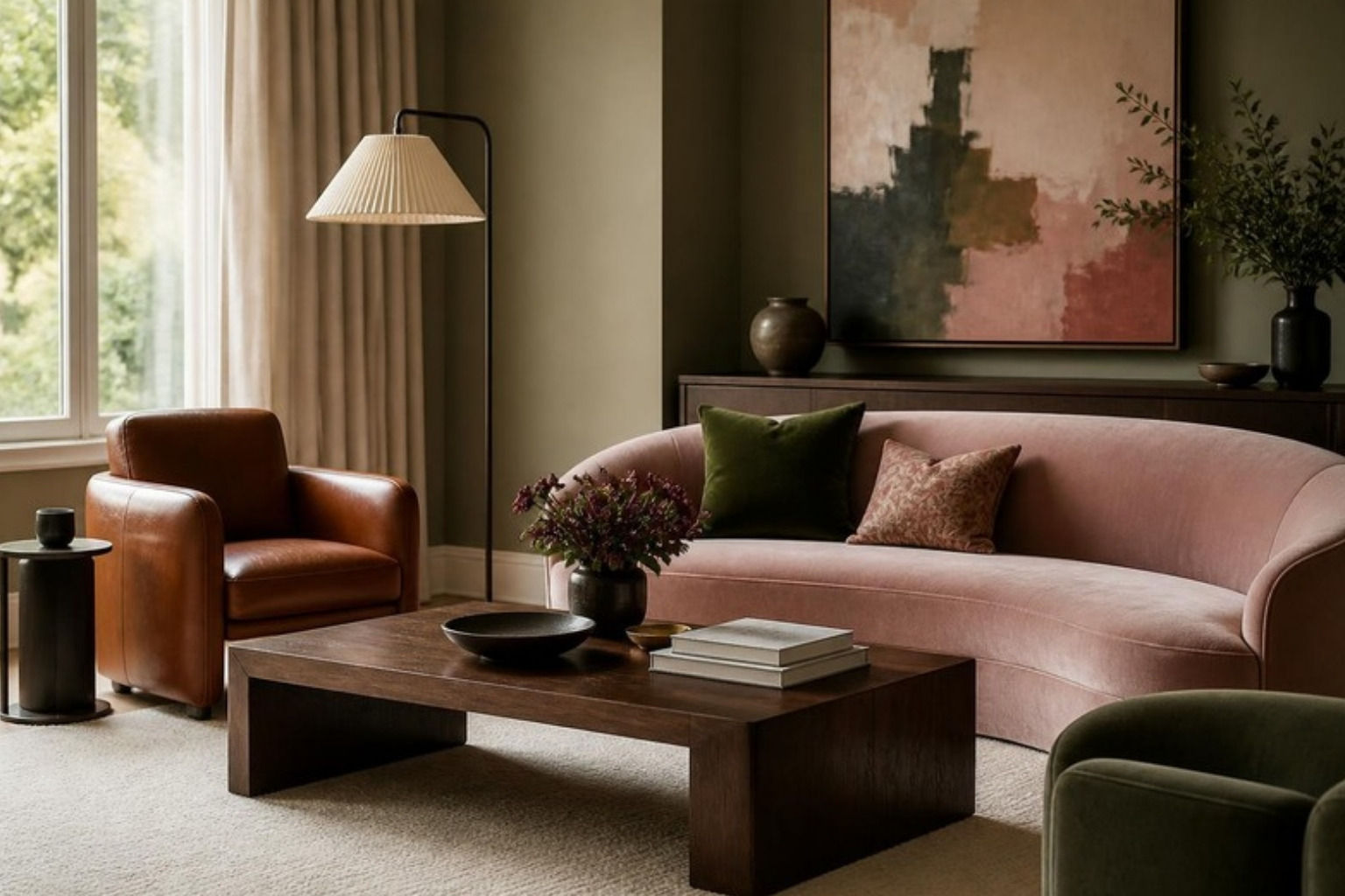 Living room balancing a cognac leather club chair and walnut coffee table with a curved blush velvet sofa