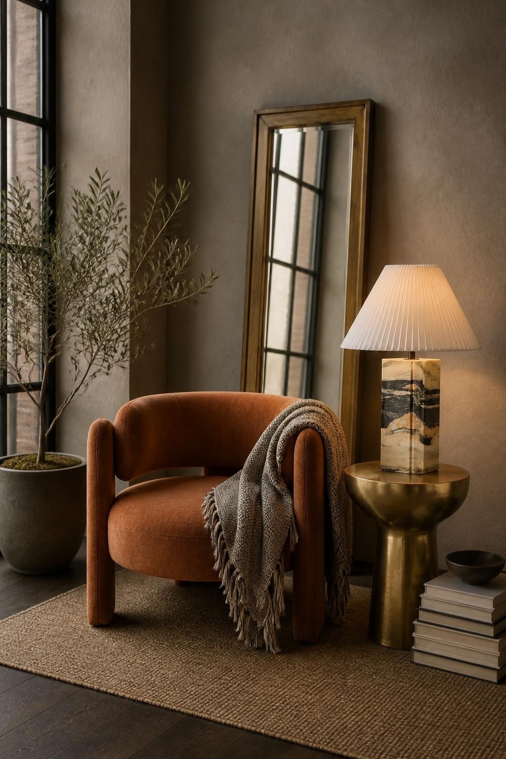 Warm living room corner in golden autumn light