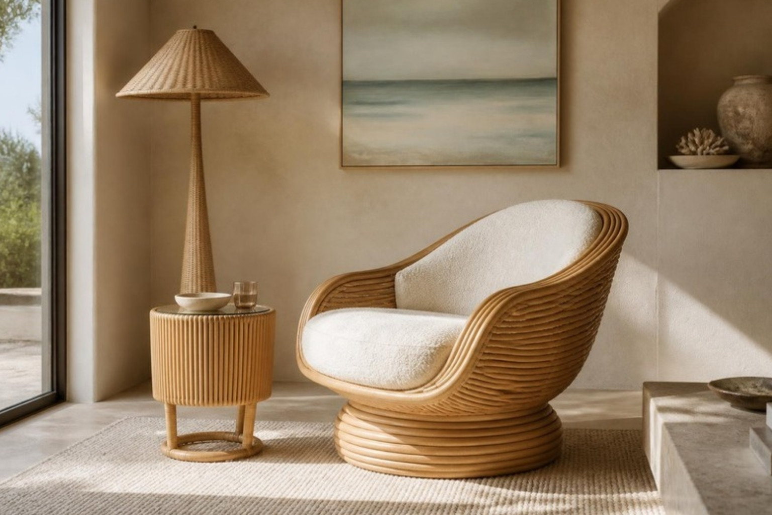 Sculptural rattan lounge chair with ivory boucle cushion, rattan side table and woven floor lamp in a sand-toned coastal room