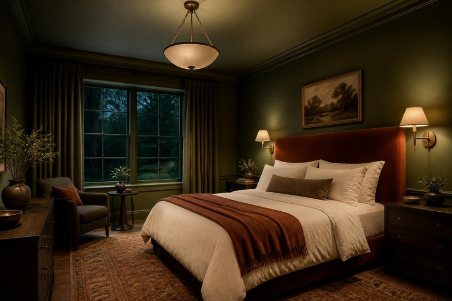 Moss green color-drenched bedroom with a rust velvet headboard and warm brass sconces Moss green color-drenched bedroom with a rust velvet headboard and warm brass sconces