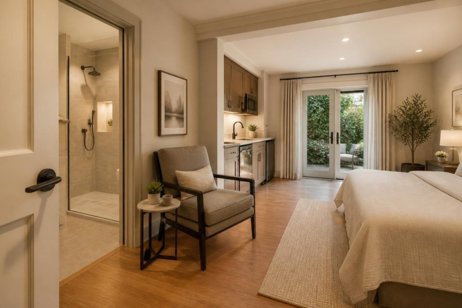 Private in-law suite with a curbless shower, kitchenette, high-seat armchair and a door to a garden patio