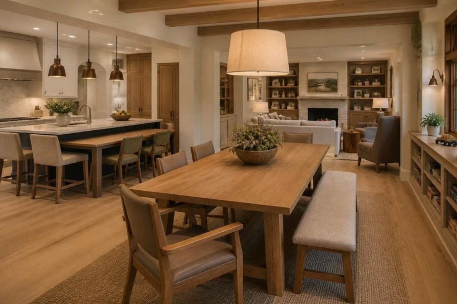 Family connection zone with a long white oak dining table and bench, kitchen island seating and the family room beyond