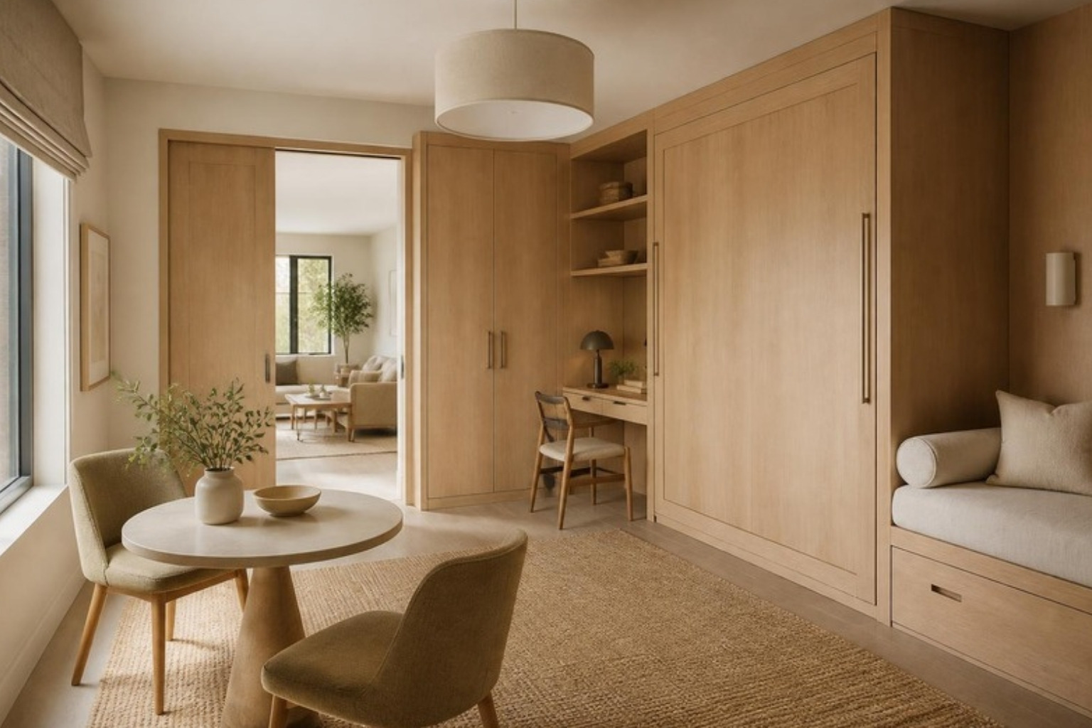 Flexible bonus room with a white oak Murphy bed wall, desk nook, daybed and small round table