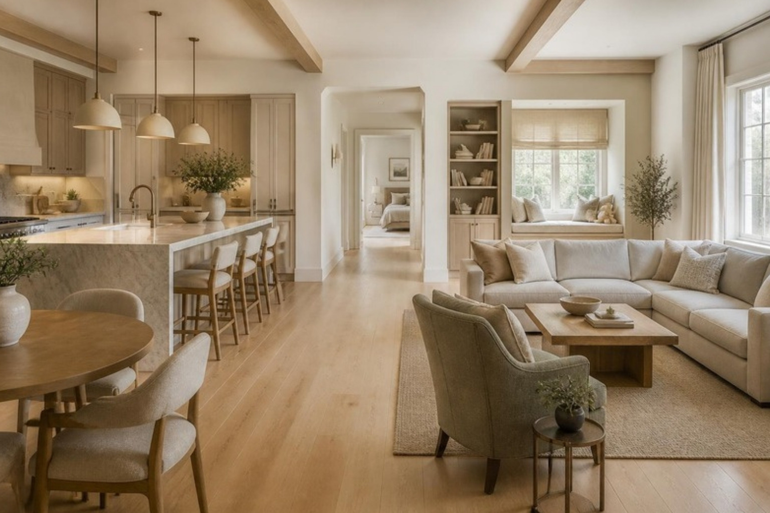 Multigenerational home great room with an open kitchen, island seating, sectional sofa and a wide hallway to a private suite