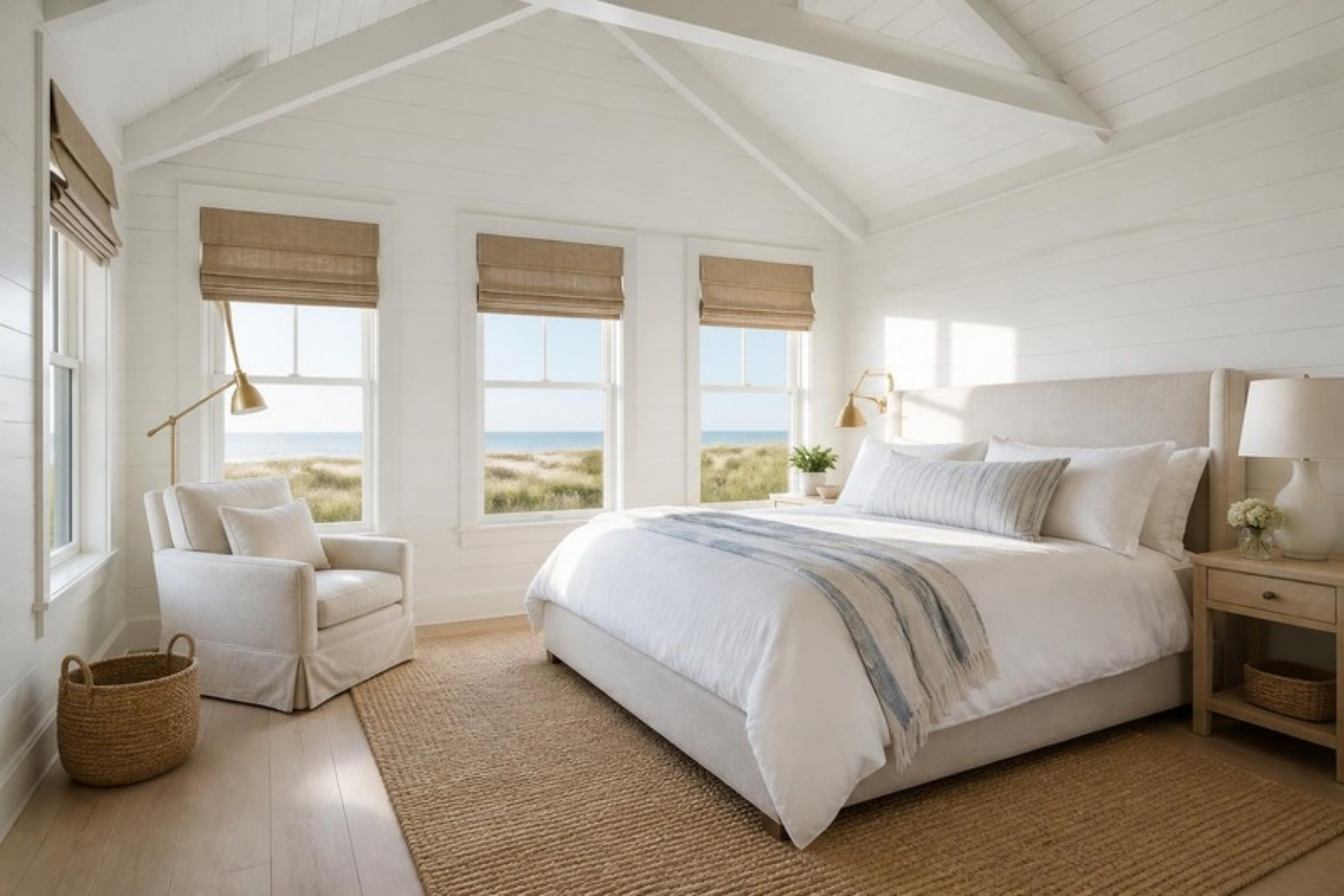 Nantucket coastal bedroom with shiplap walls, linen Roman shades and an ocean view