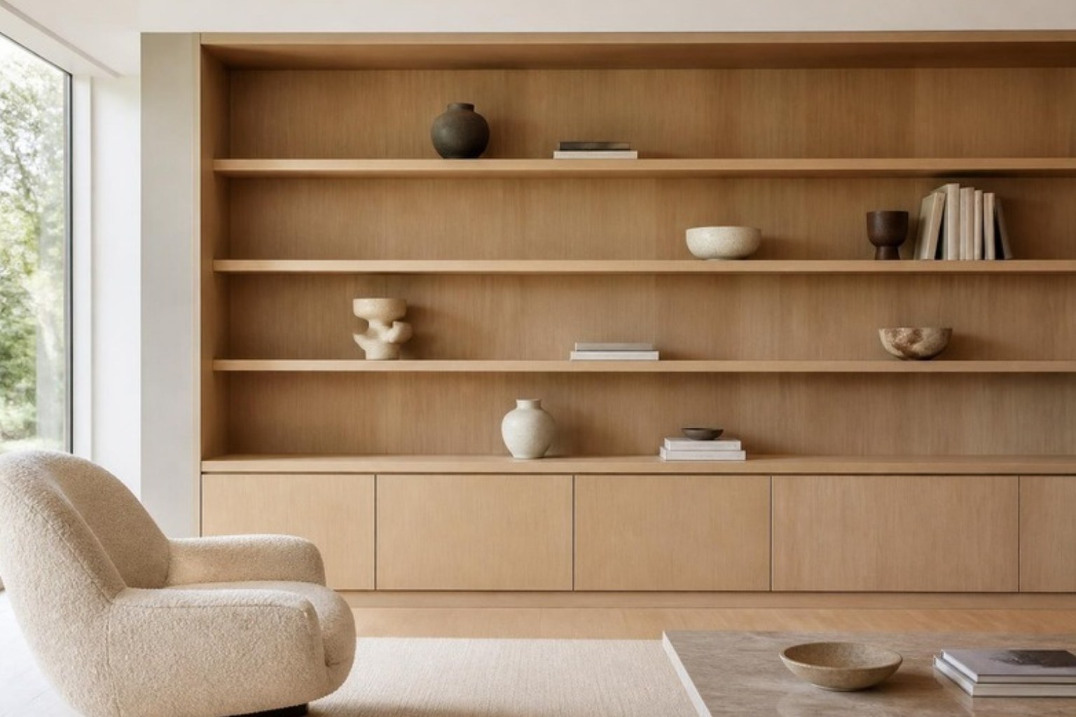Floor-to-ceiling white oak built-in storage with flush cabinets and styled open shelves
