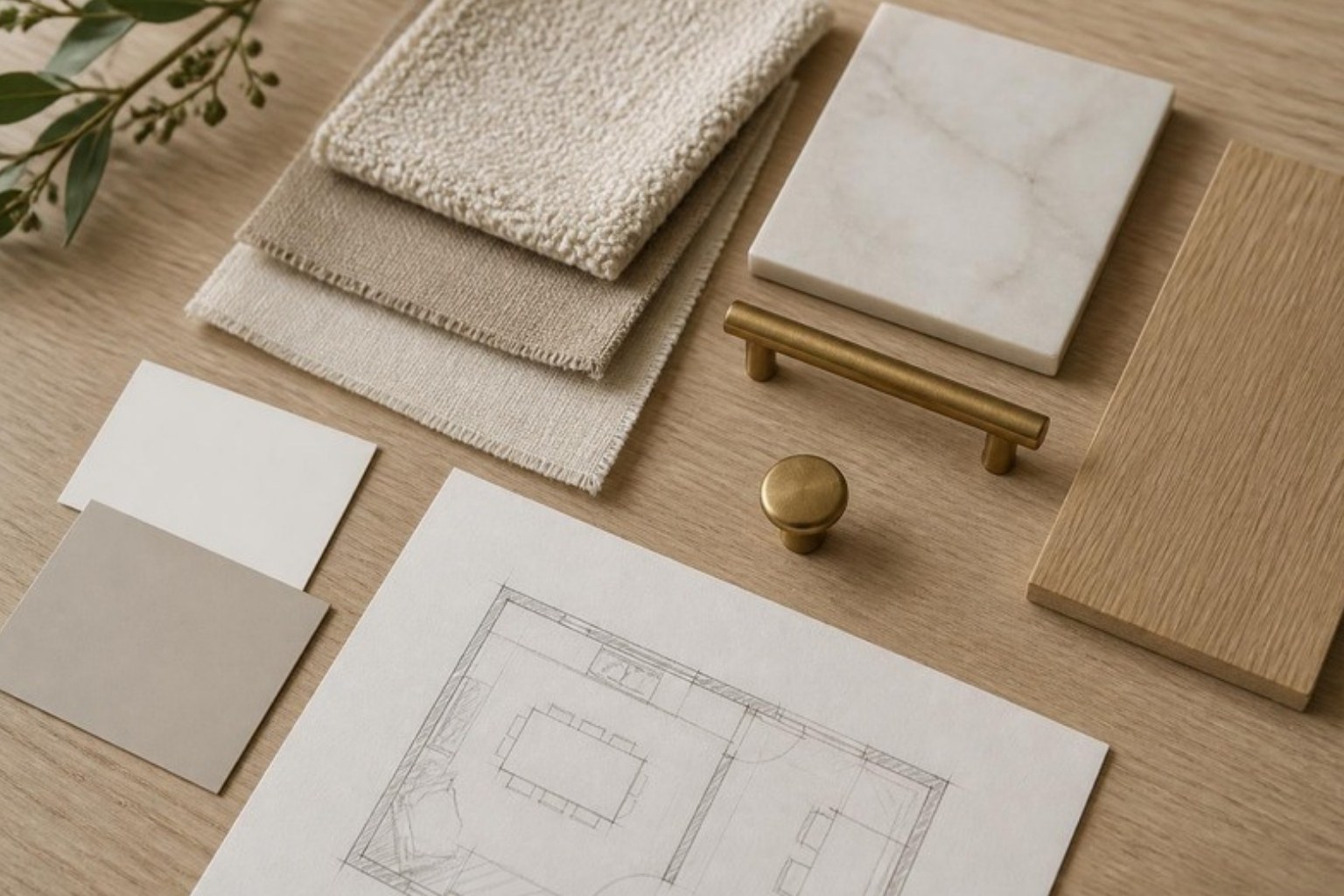 Interior design style board with linen, boucle, marble, white oak and brass hardware samples over a floor plan