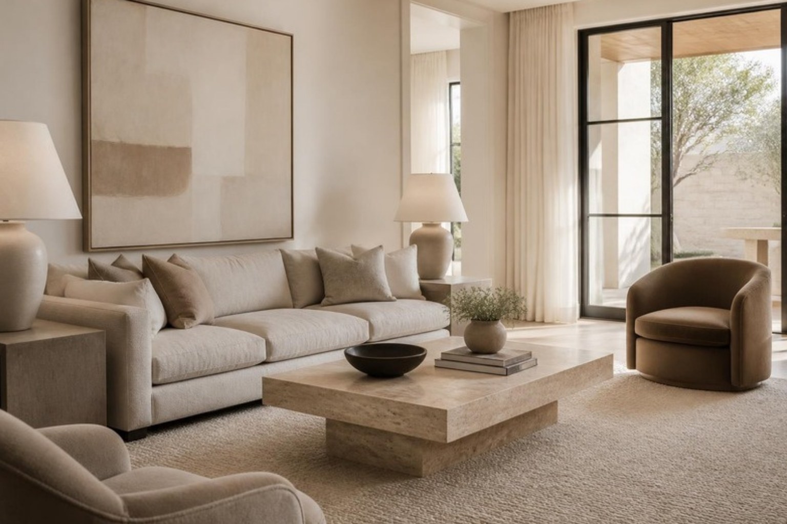 Layered neutral living room with greige sofa, travertine coffee table and taupe velvet chair
