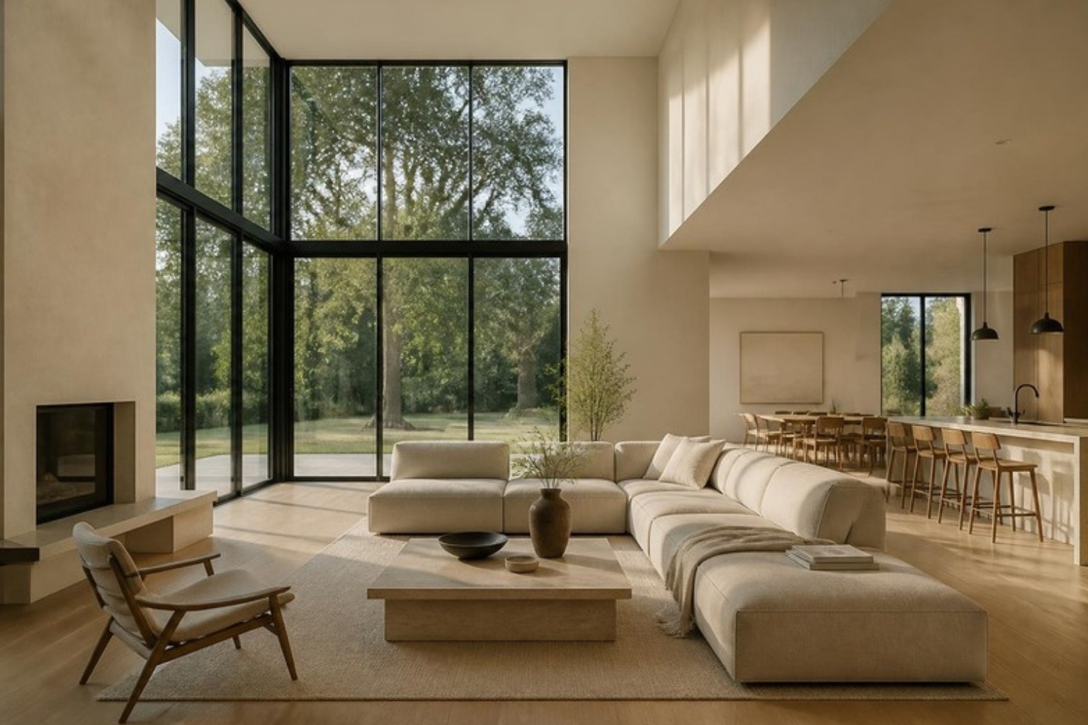 Double-height new build living room with floor-to-ceiling windows and a cream sectional