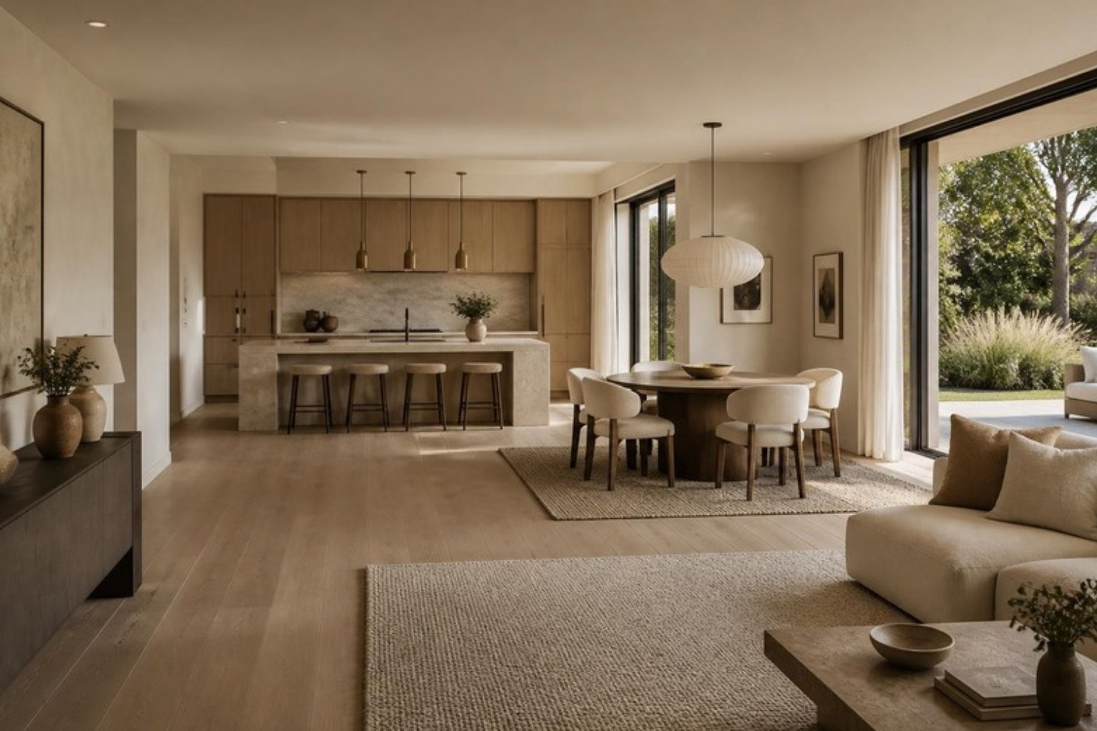 Open-plan new build with kitchen, dining table and living area defined by rugs and pendant lighting