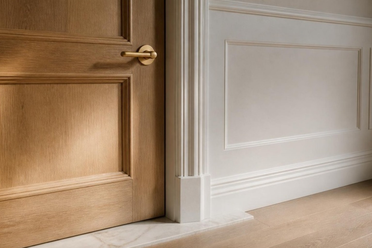White oak paneled door with brass lever, custom millwork casing and paneled wainscot
