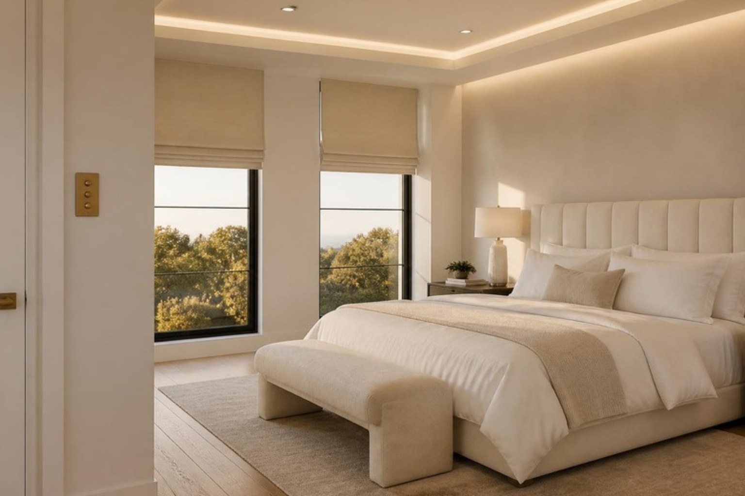New build primary bedroom with motorized linen shades, brass keypad and integrated cove lighting