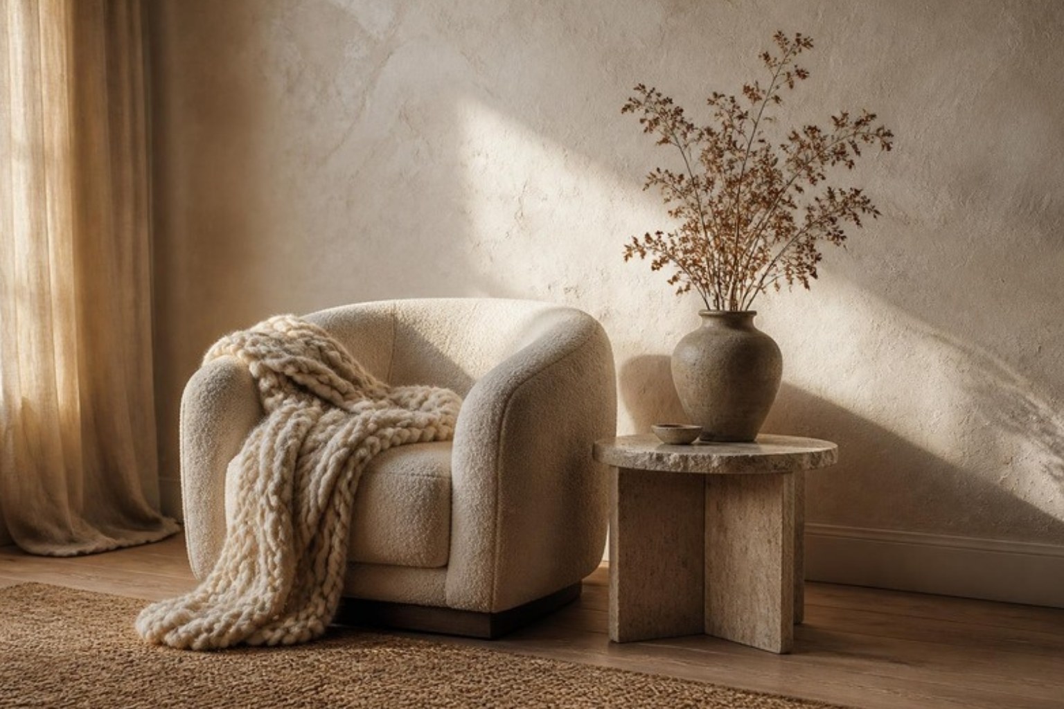 Boucle armchair, chunky wool throw and travertine side table against a limewash plaster wall