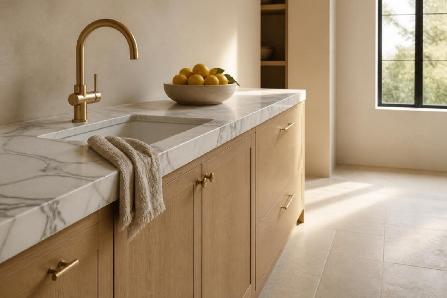 Honed marble countertop, rift-cut white oak cabinets and unlacquered brass faucet in a new build kitchen