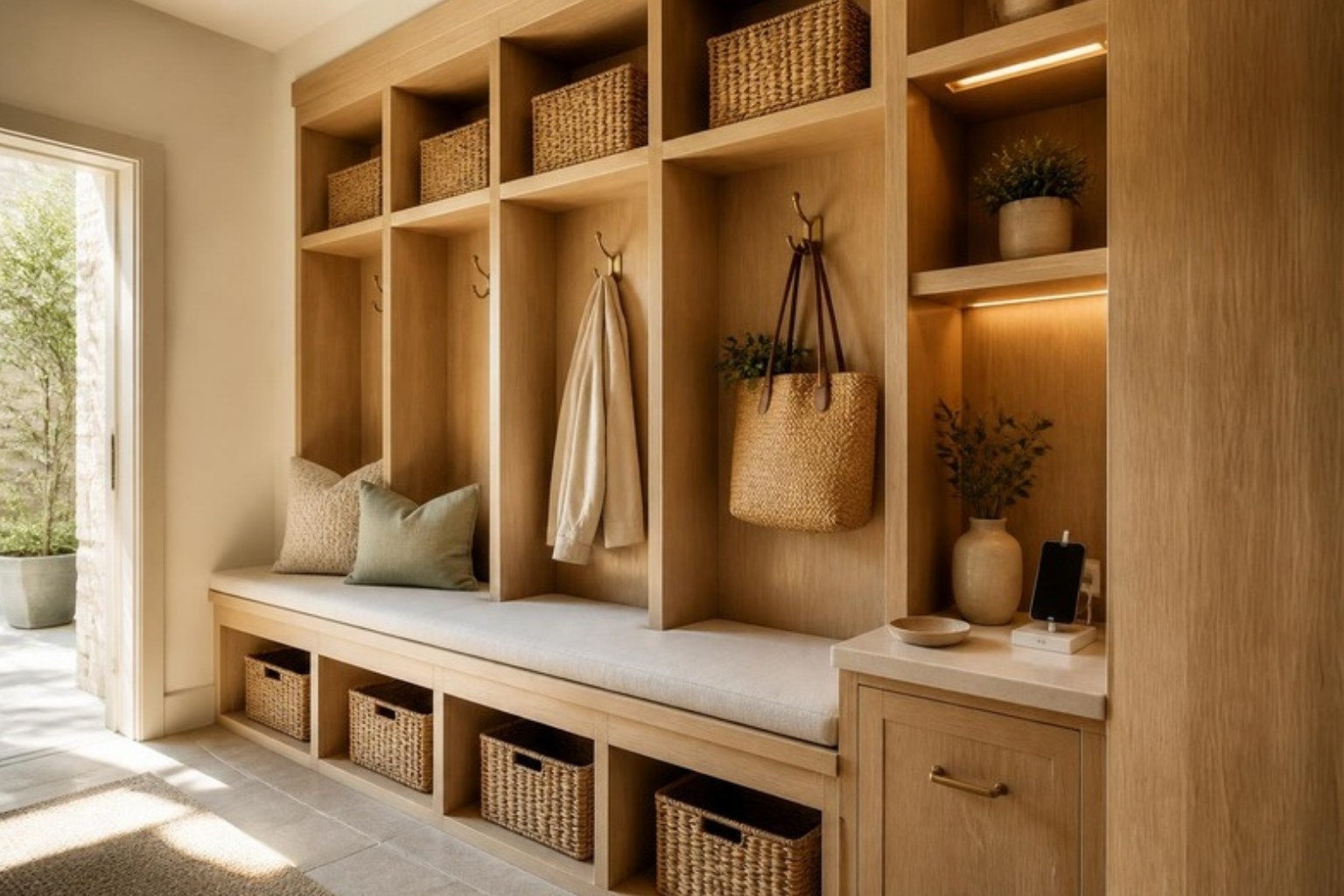 White oak mudroom with bench, woven baskets, hooks and a charging niche