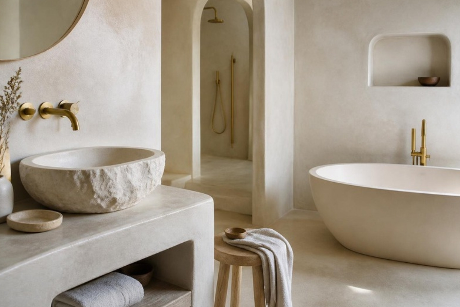 Spa-like bathroom with off-white tadelakt plaster walls, a carved stone vessel sink, freestanding tub and brass fixtures