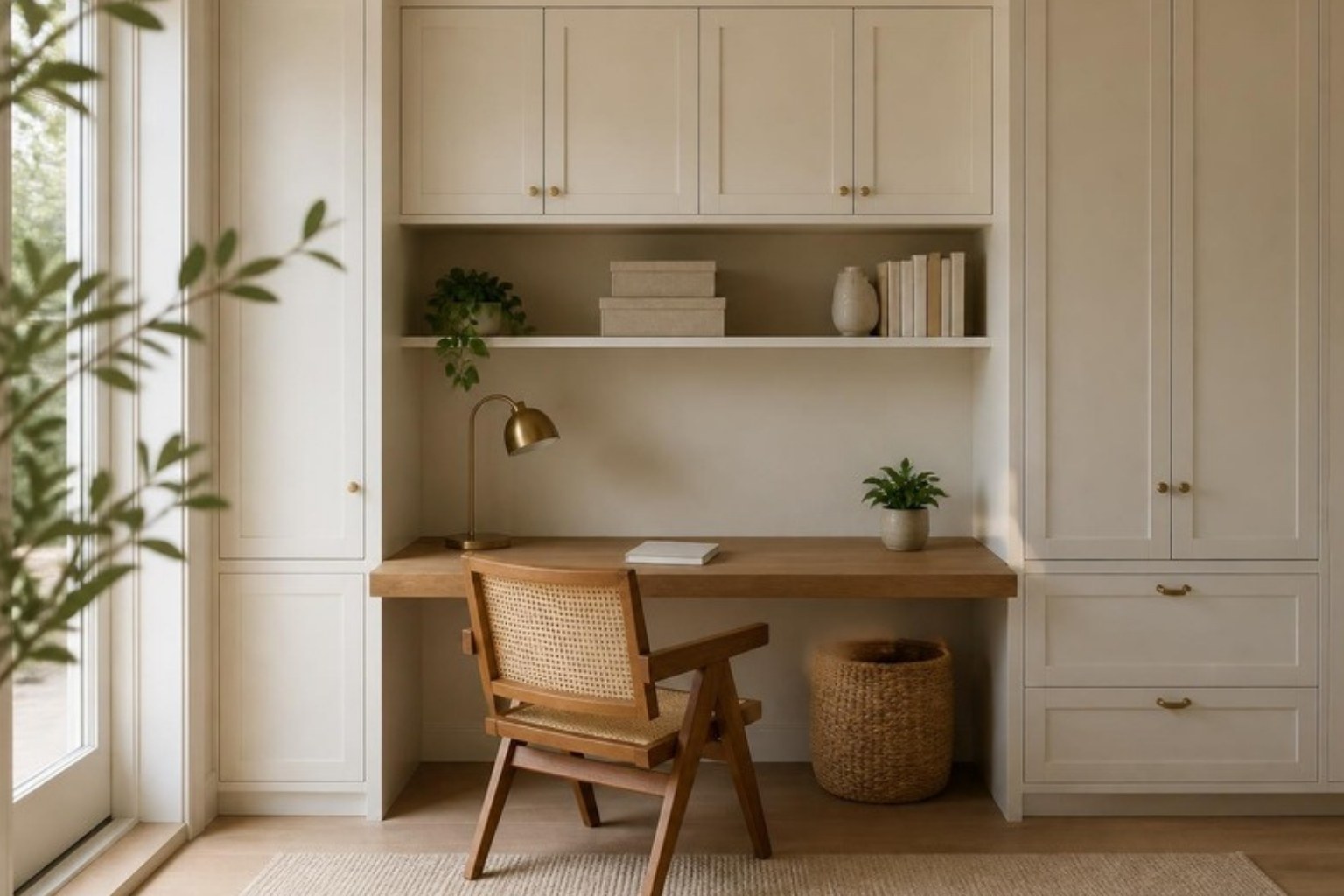 Calm home office nook with closed built-in cabinets, oak desk and woven basket