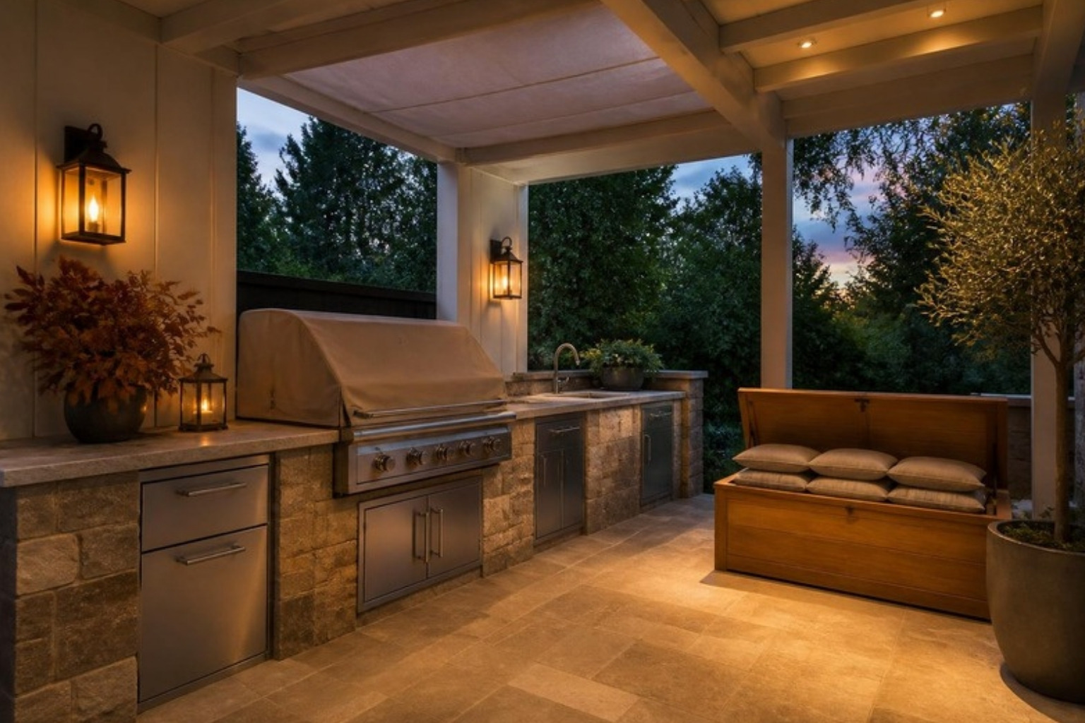 Outdoor kitchen at dusk with a covered grill, lantern sconces, slip-resistant stone floor and cushion storage bench